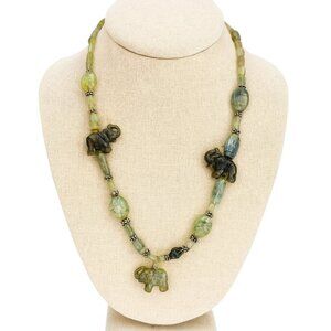 Vintage Jade Carved Elephant Necklace 19" With Silvertone Spacer Beads Floral
